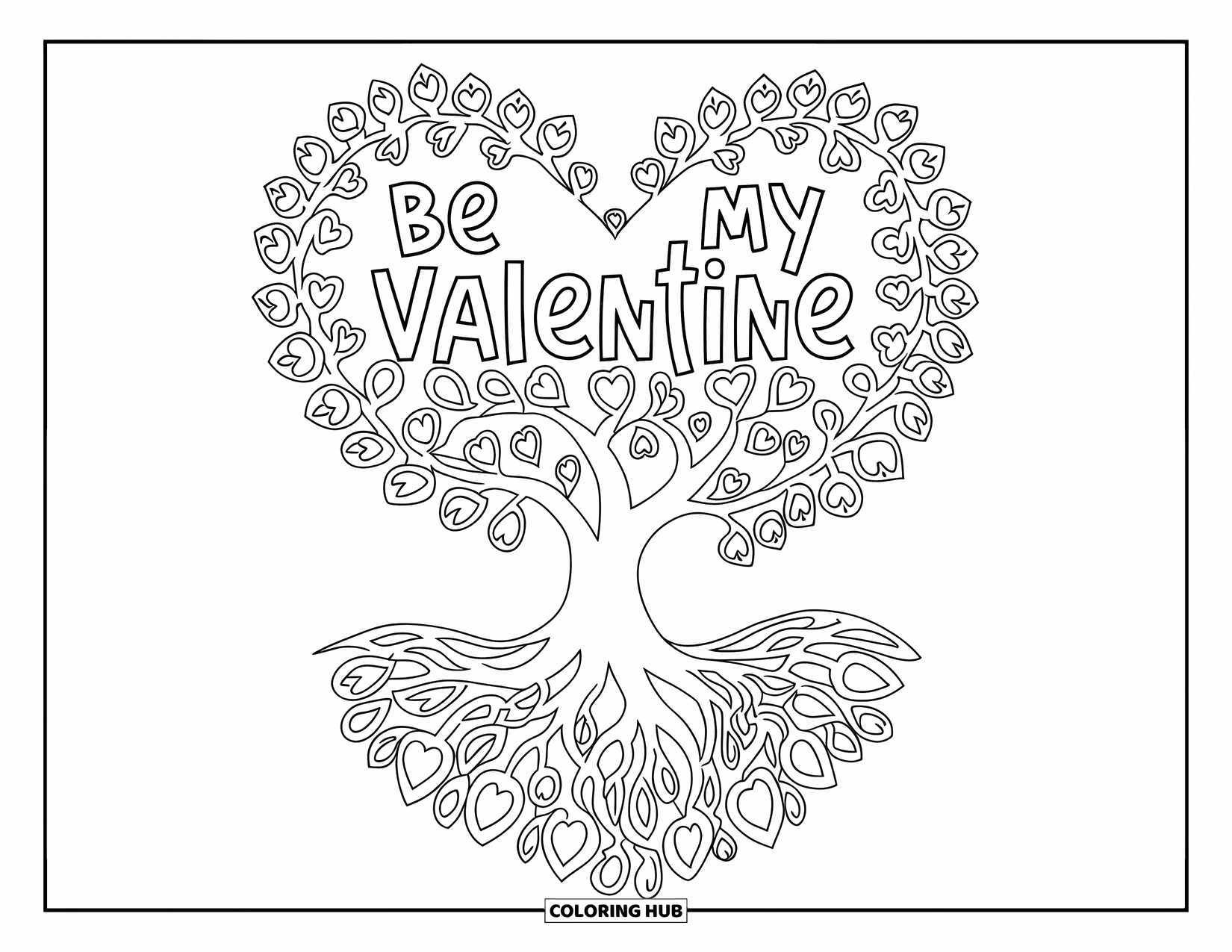 Be My Valentine Coloring Page for Adults: A tree with heart leaves rises from a heart-shaped base under a large heart