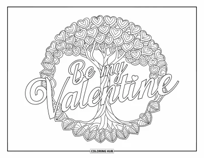 Sei-mein-Valentinsgruß-Ausmalbild für Erwachsene: Ein Baum mit herzförmigen Blättern wächst in einem runden Mandala