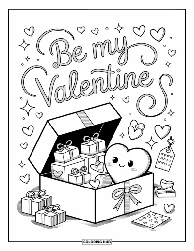 Sei-mein-Valentinsgruß-Ausmalbild für Erwachsene: Eine geöffnete Schachtel zeigt Geschenke, Kuscheltiere und Zettel mit der Aufschrift "Be My Valentine"