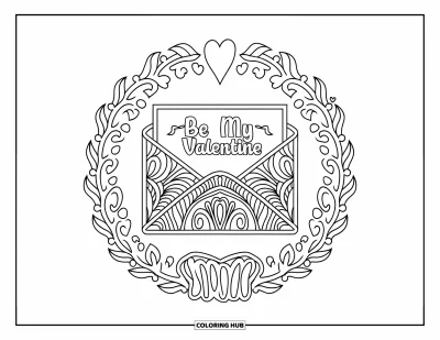 Sei-mein-Valentinsgruß-Ausmalbild für Erwachsene: Ein kunstvoll verzierter Brief mit der Aufschrift "Be My Valentine" ruht in einem Blumenkreis