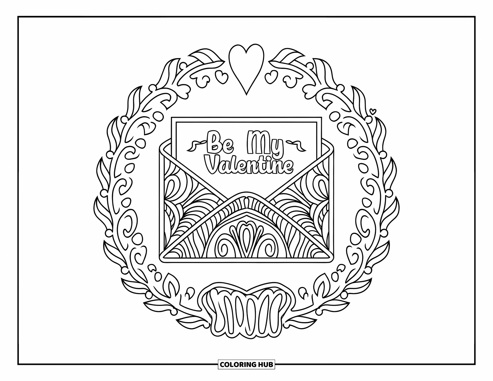 Be My Valentine Coloring Page for Adults: An ornate letter with "Be My Valentine" rests in a circle of flowers