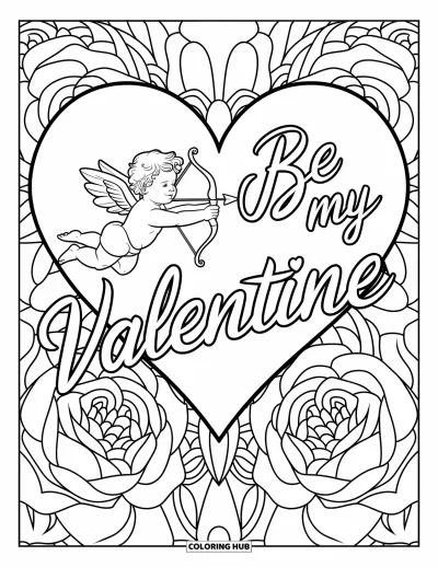 Sei-mein-Valentinsgruß-Ausmalbild für Erwachsene: Amor zielt mit seinem Pfeil durch ein Herz, das von kunstvollen Rosen umrahmt ist