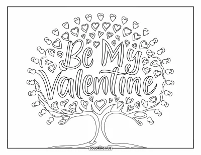 Sei-mein-Valentinsgruß-Ausmalbild für Erwachsene: Herzförmige Blätter bilden ein Baum-Mandala mit dem Schriftzug “Sei mein Valentinsgruß” darunter