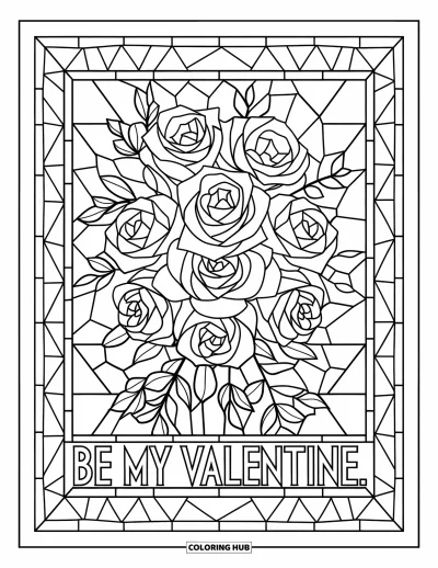 Sei-mein-Valentinsgruß-Ausmalbild für Erwachsene: Mehrlagige Rosen füllen einen Buntglas-Rahmen mit weichen geometrischen Linien