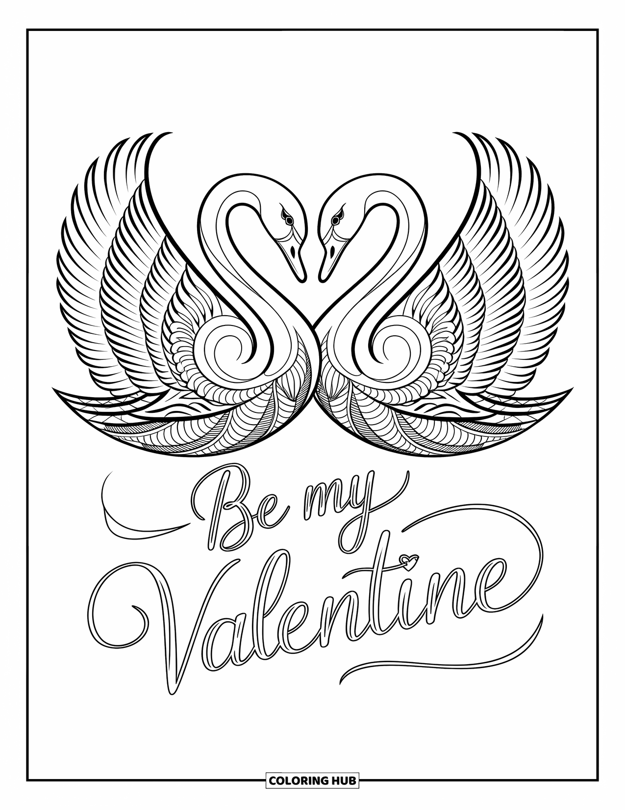 Be My Valentine Coloring Page for Adults: Swans create a heart framed by delicate floral mandala lines