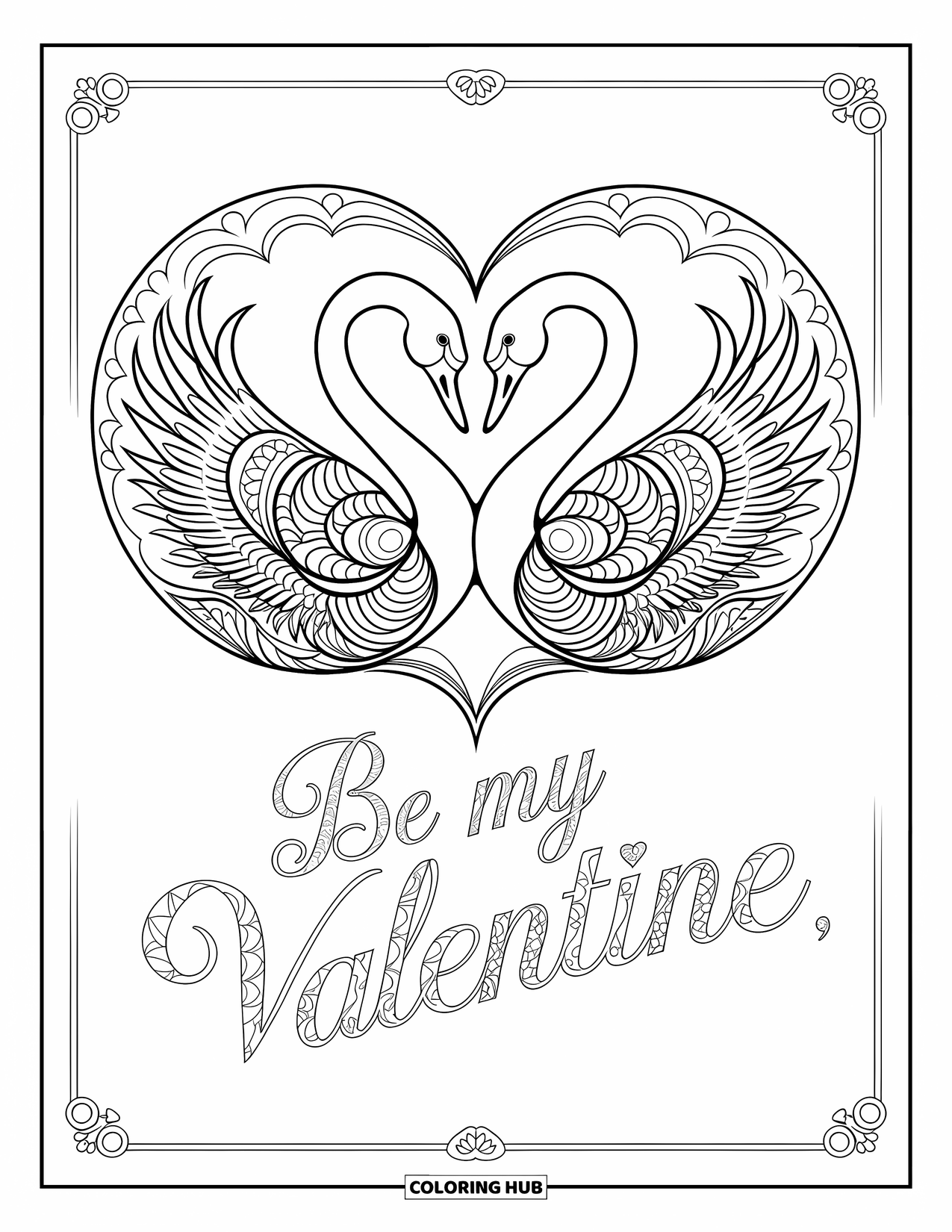 Be My Valentine Coloring Page for Adults: Two graceful swans form a heart framed with soft mandala details
