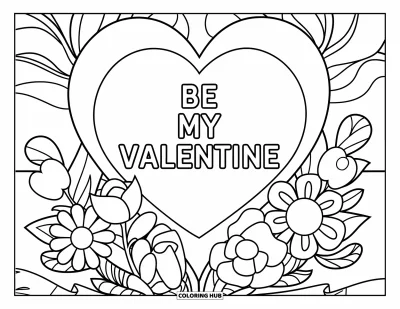 Sei-mein-Valentinsgruß-Ausmalbild für Kinder: Ein großes Herz über einem Strauß buchstabiert den Schriftzug “Sei mein Valentinsgruß”