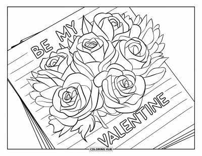 Sei-mein-Valentinsgruß-Ausmalbild für Kinder: Ein Rosenstrauß liegt auf einem Notizblock mit der Aufschrift "Be My Valentine" darüber