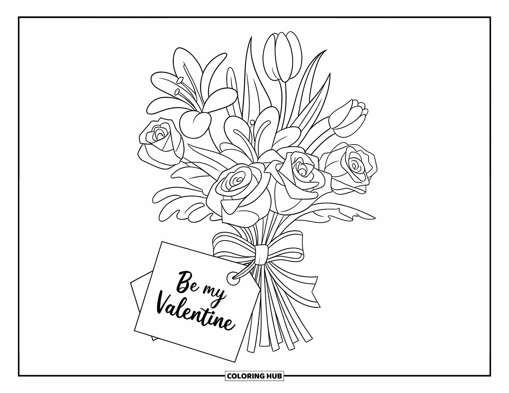 Be My Valentine Coloring Page for Kids: A bouquet tied with a ribbon carries the message "Be My Valentine"