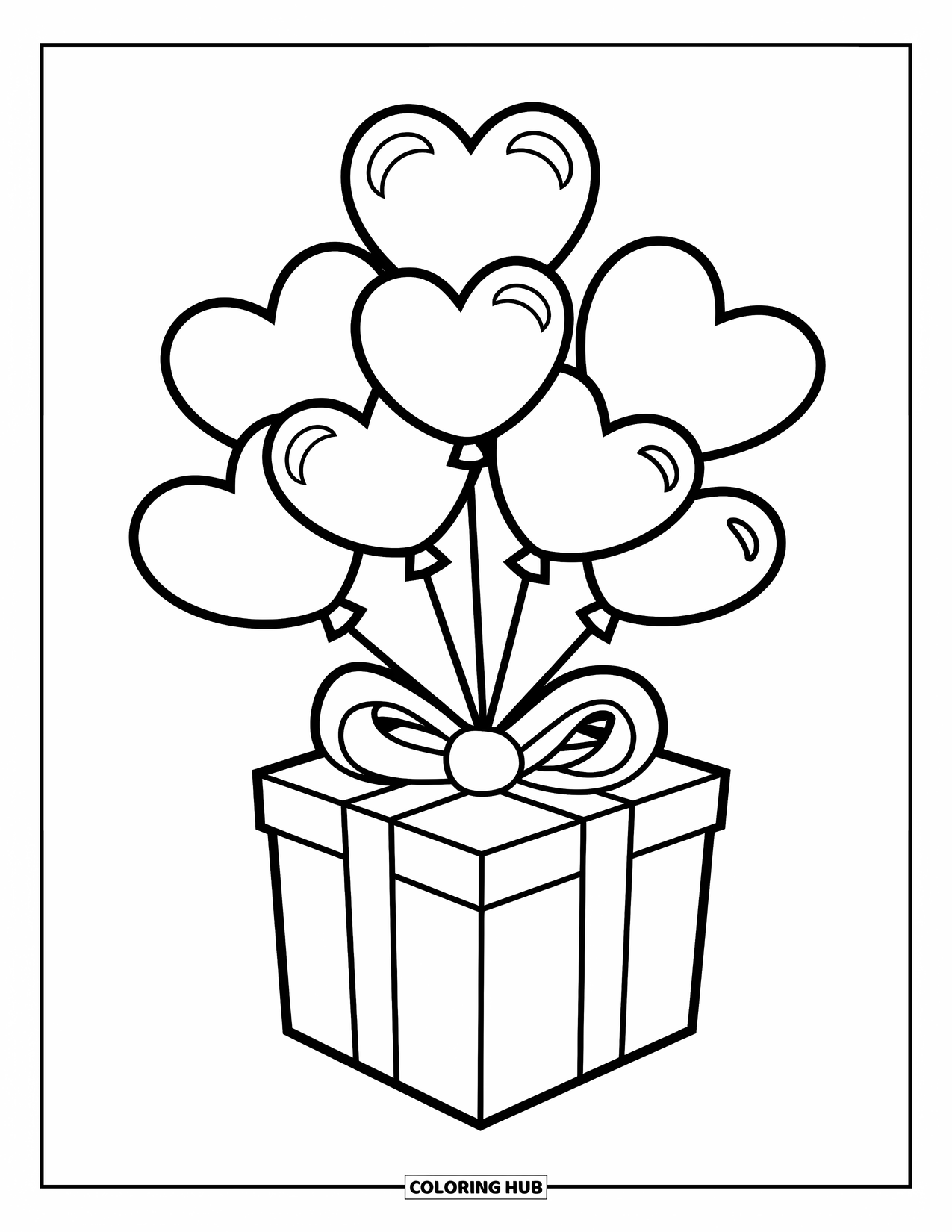 Be My Valentine Coloring Page for Kids: A box with a ribbon and heart balloons makes a cheerful gift