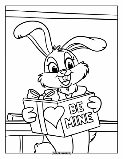 Sei-mein-Valentinsgruß-Ausmalbild für Kinder: Ein Hase hält eine Karte mit der Aufschrift "Be mine" und lächelt fröhlich