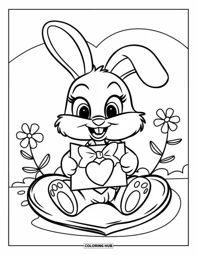 Ausmalbilder mit "Sei mein Valentin" für Kinder: Ein Hase hält eine Valentinsgrußkarte, die mit einer Schleife auf einem Herzkissen befestigt ist