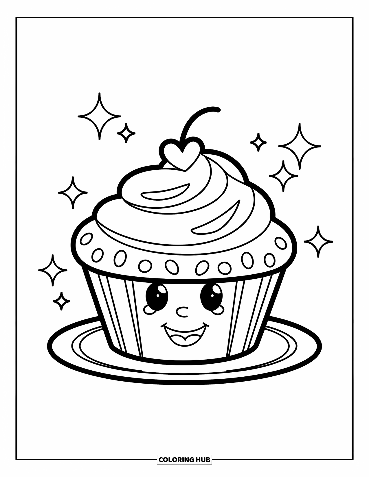 Be My Valentine Coloring Page for Kids: A cheerful cupcake with a heart topper sits on a plate