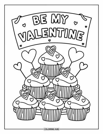 Sei-mein-Valentinsgruß-Ausmalbild für Kinder: Ein Cupcake-Turm mit Herzen trägt die Aufschrift "Be My Valentine"