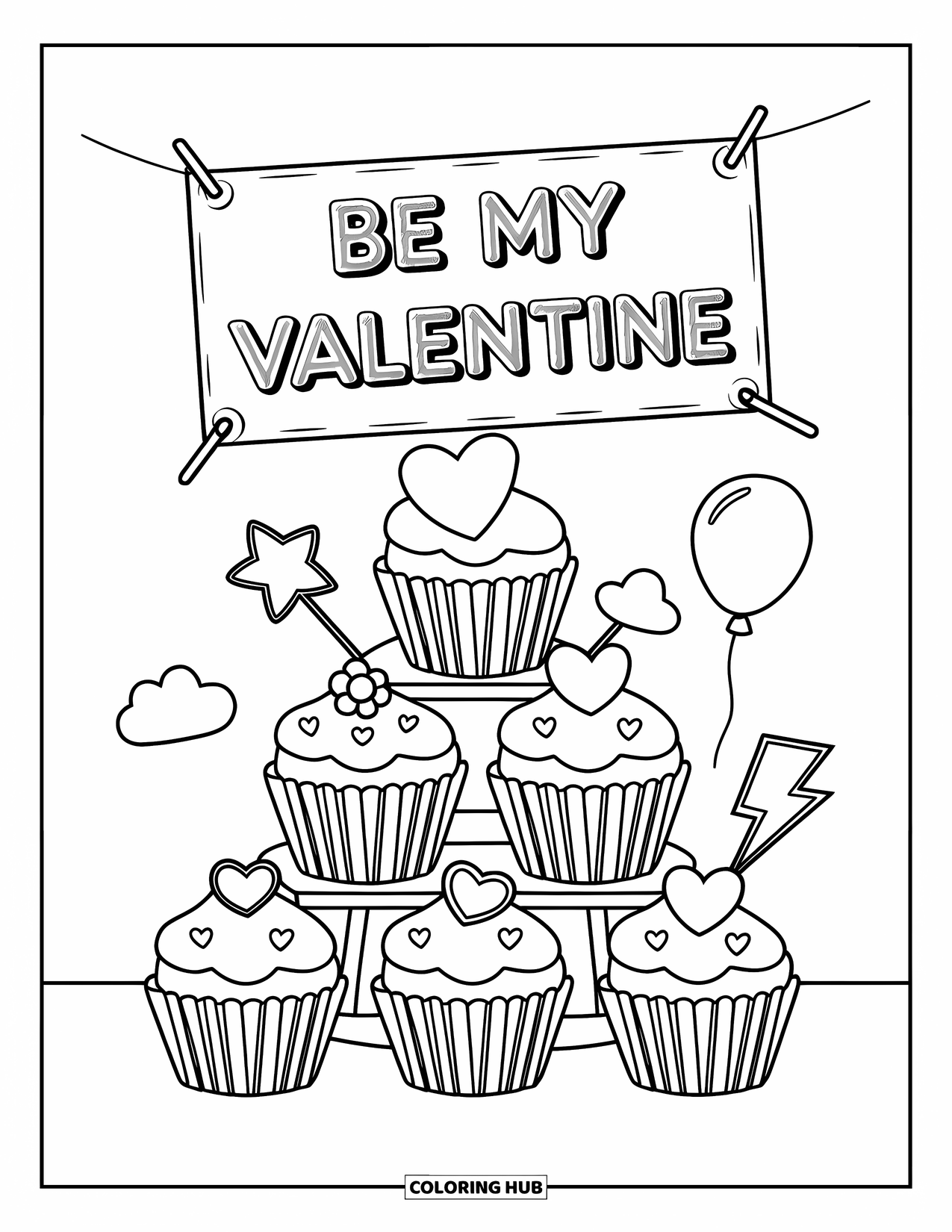 Be My Valentine Coloring Page for Kids: A cupcake tower with hearts and stars sits below a valentine banner