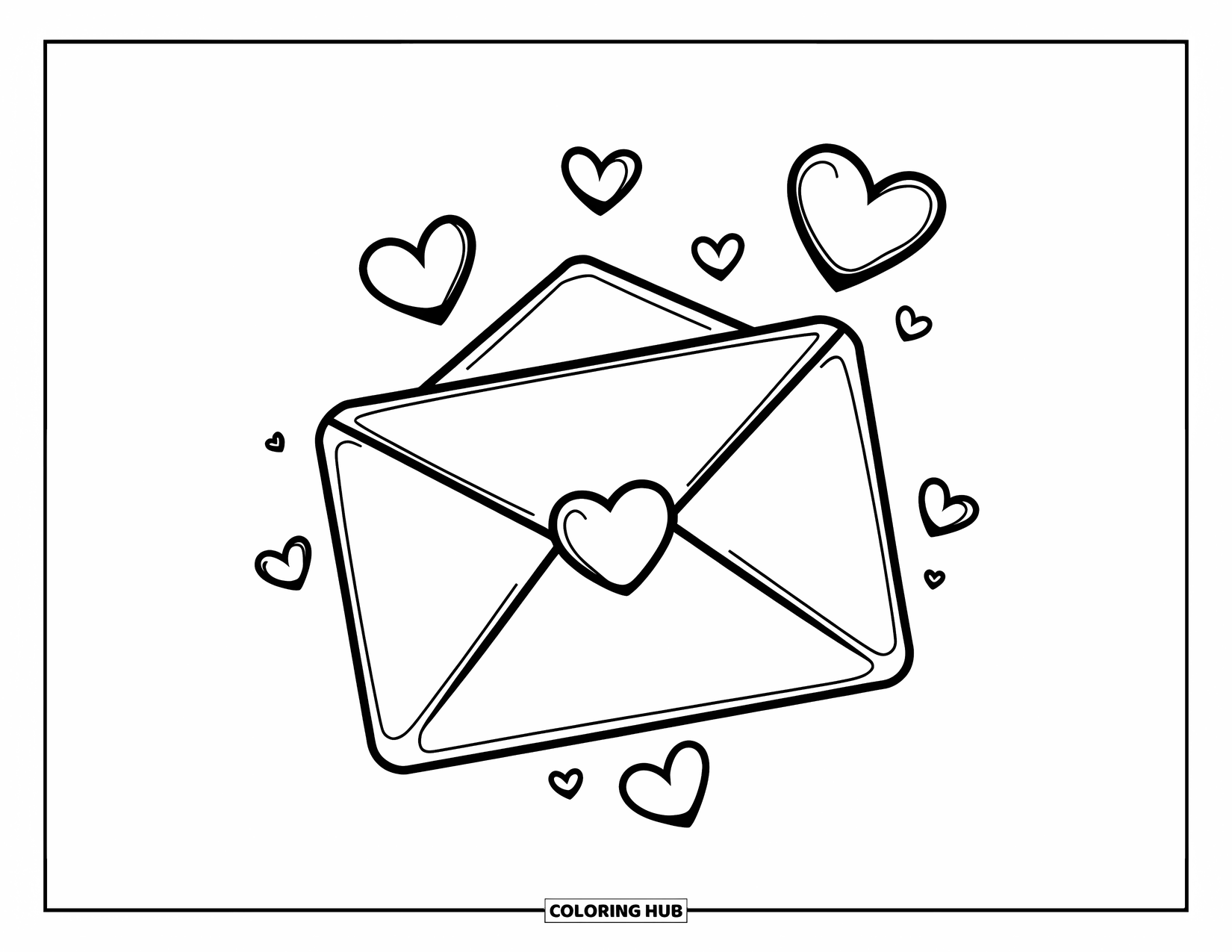 Be My Valentine Coloring Page for Kids: A floating envelope with heart seals drifts among small hearts