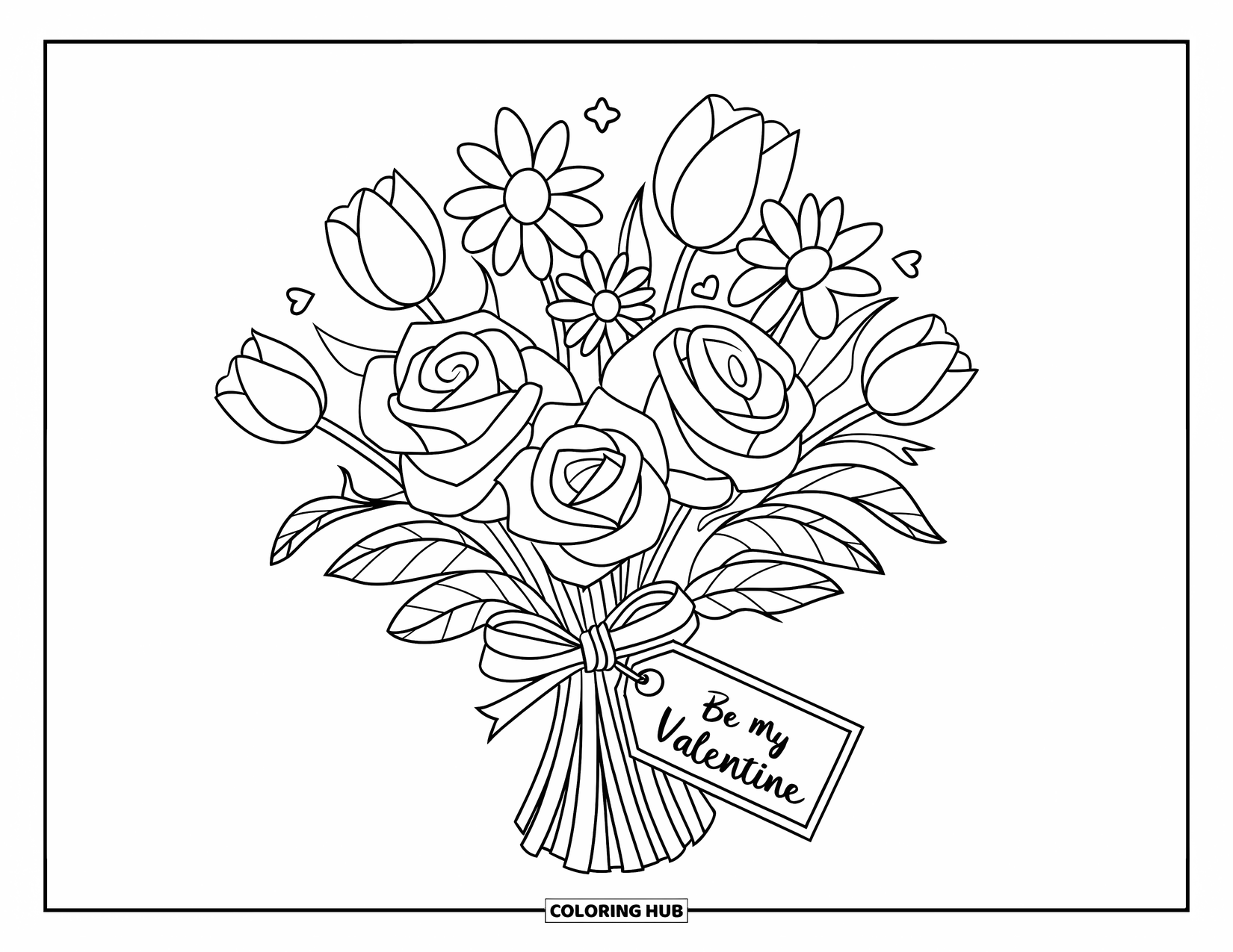 Be My Valentine Coloring Page for Kids: A flower bouquet with a tag reads "Be My Valentine"