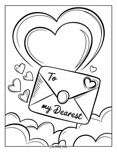 Sei-mein-Valentinsgruß-Ausmalbild für Kinder: Ein fliegender Brief mit der Aufschrift "To my dearest" zieht Herzen durch den Himmel