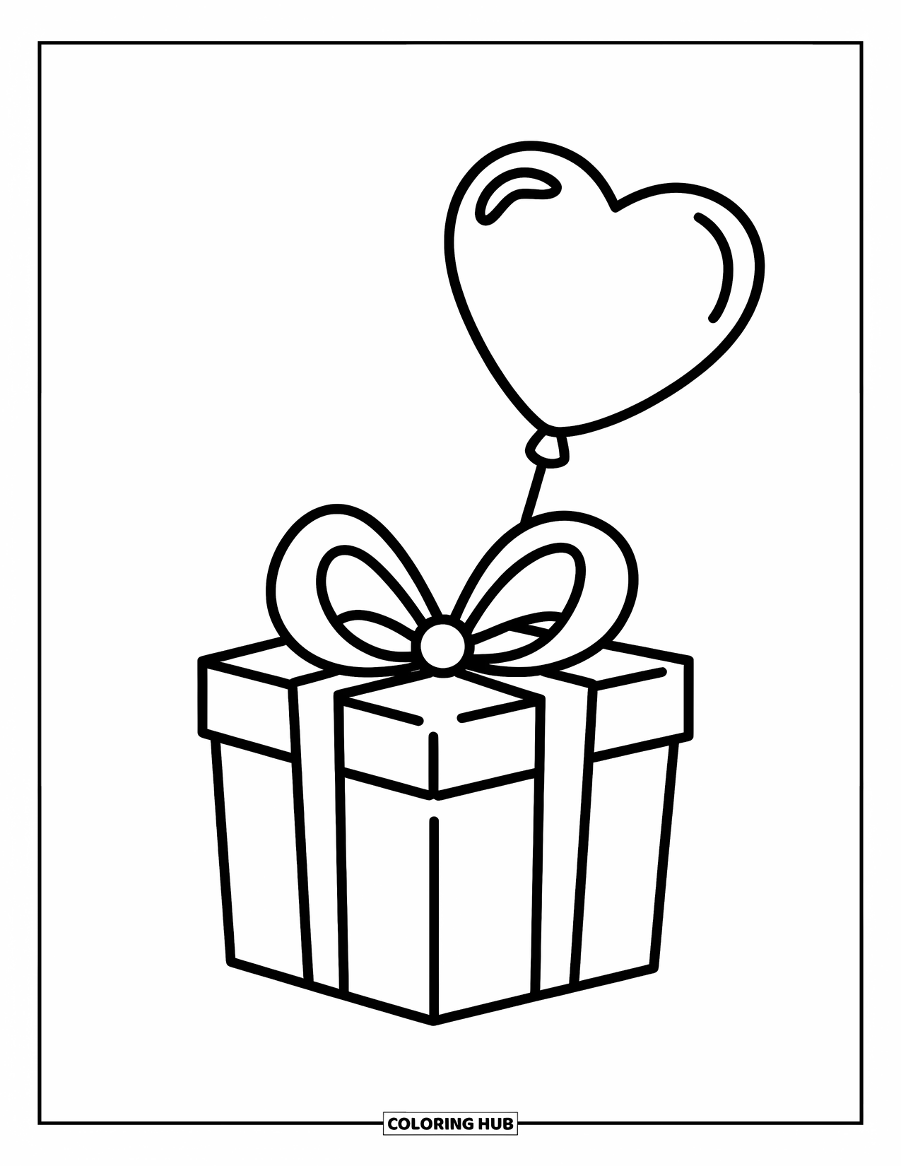 Be My Valentine Coloring Page for Kids: A gift box tied with a ribbon is topped by a heart balloon