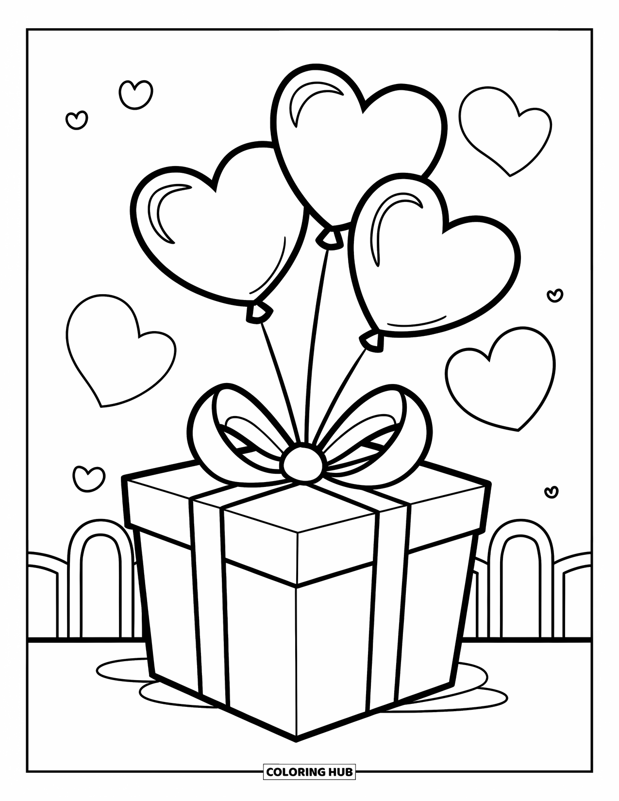 Be My Valentine Coloring Page for Kids: A gift box with floating heart balloons sits on a clean white background