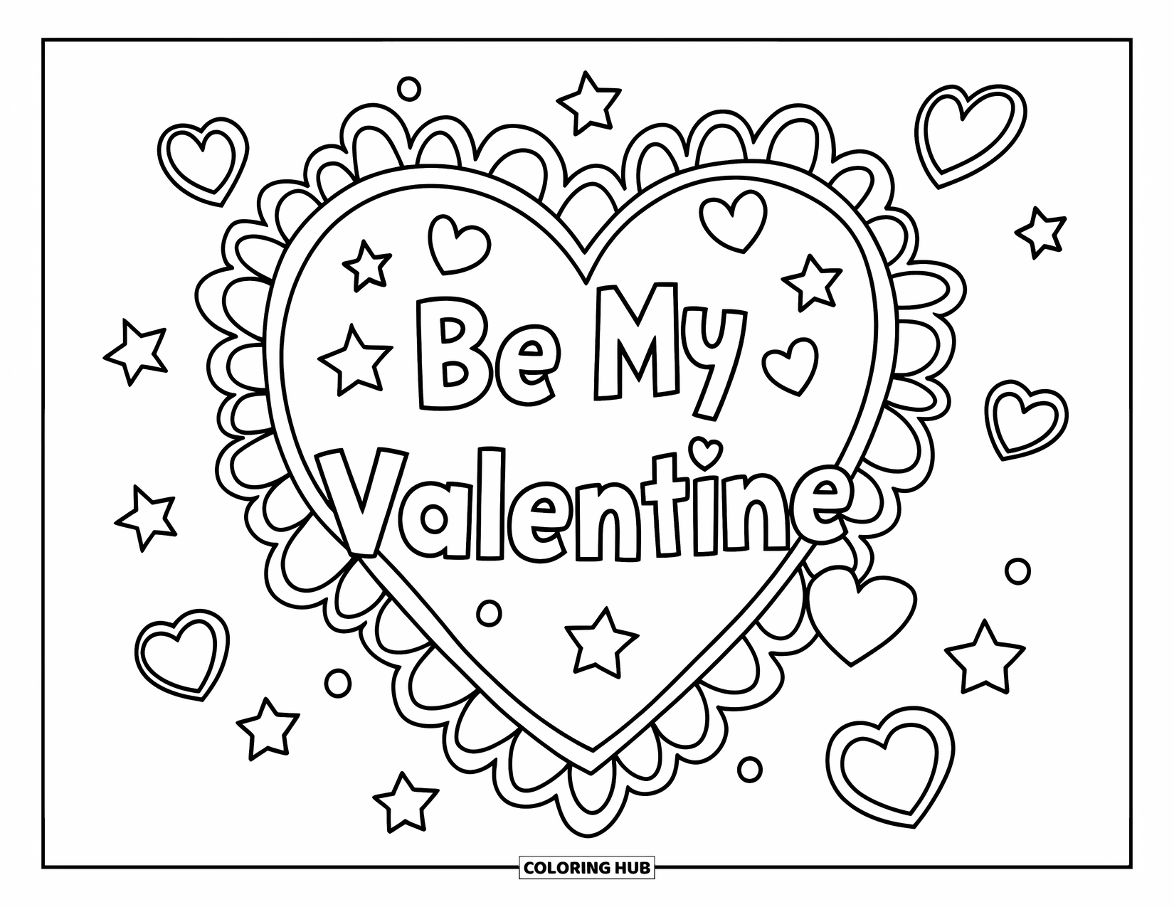 Be My Valentine Coloring Page for Kids: A heart and star frame surrounds the phrase "Be My Valentine"