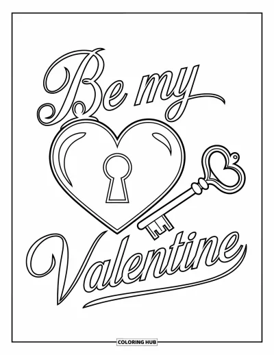 Sei-mein-Valentinsgruß-Ausmalbild für Kinder: Ein herzförmiges Schloss und ein Schlüssel liegen neben dem Schriftzug “Sei mein Valentinsgruß”