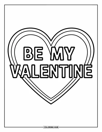 Sei-mein-Valentinsgruß-Ausmalbild für Kinder: Ein großes Herz zeigt stolz die Worte “Sei mein Valentinsgruß”