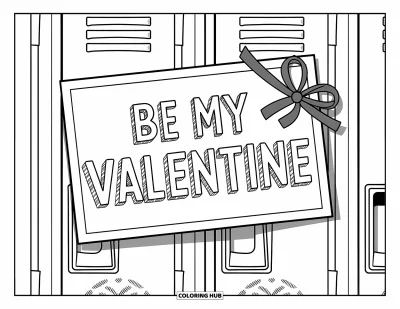 Sei-mein-Valentinsgruß-Ausmalbild für Kinder: Ein mit einem Band gebundener Brief trägt die Aufschrift "Be My Valentine" auf einem dekorierten Spind