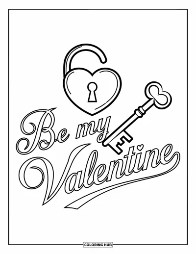 Sei-mein-Valentinsgruß-Ausmalbild für Kinder: Ein Schloss und ein antiker Schlüssel liegen neben der Botschaft "Be My Valentine"