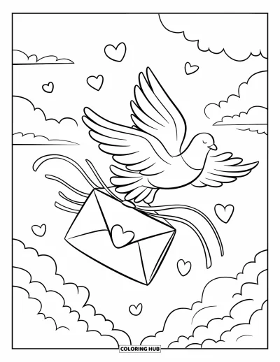Sei-mein-Valentinsgruß-Ausmalbild für Kinder: Ein Liebesbrief fliegt durch die Wolken und lässt Herzen zurück