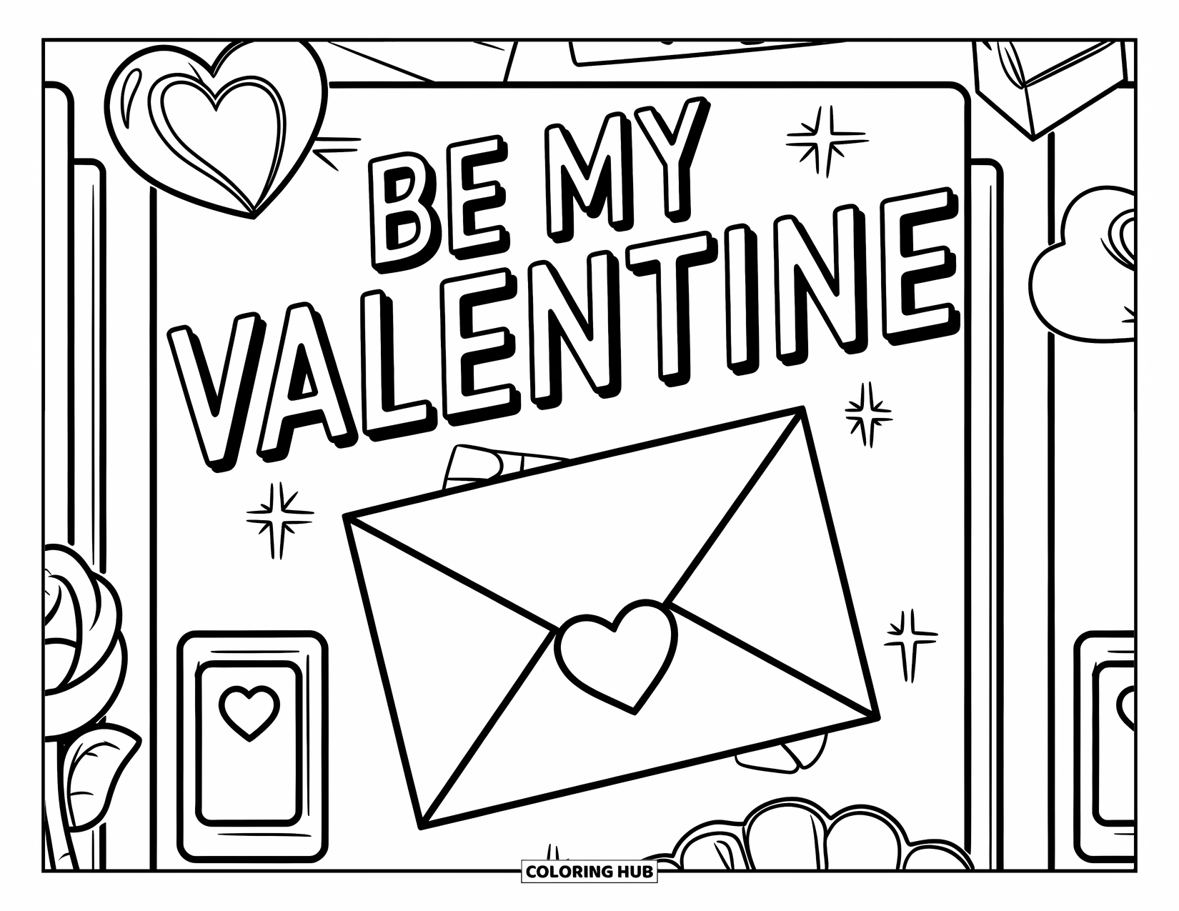 Be My Valentine Coloring Page for Kids: A love letter on a locker is surrounded by hearts, roses, and a cupcake