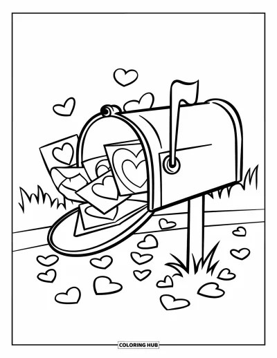 Sei-mein-Valentinsgruß-Ausmalbild für Kinder: Ein Briefkasten birst vor Valentins-Karten und schwebenden Herzen