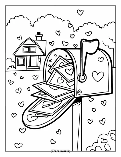 Sei-mein-Valentinsgruß-Ausmalbild für Kinder: Ein herzgefüllter Briefkasten mit Briefen steht neben einem kleinen Haus