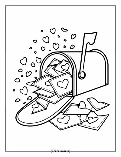 Sei-mein-Valentinsgruß-Ausmalbild für Kinder: Ein Briefkasten quillt über vor Valentins-Karten und Konfettiherzen