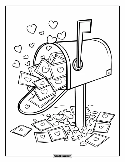 Sei-mein-Valentinsgruß-Ausmalbild für Kinder: Ein Briefkasten verstreut Karten und Konfetti auf dem Boden
