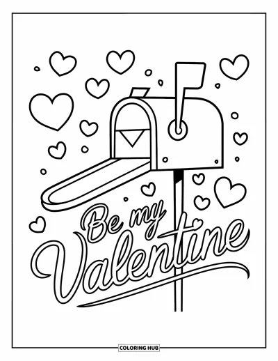 Sei-mein-Valentinsgruß-Ausmalbild für Kinder: Ein von Herzen umgebener Briefkasten trägt die Botschaft "Be My Valentine"