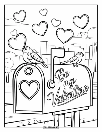 Sei-mein-Valentinsgruß-Ausmalbild für Kinder: Ein Briefkasten mit Vögeln und Herzen zeigt die Botschaft "Be My Valentine"
