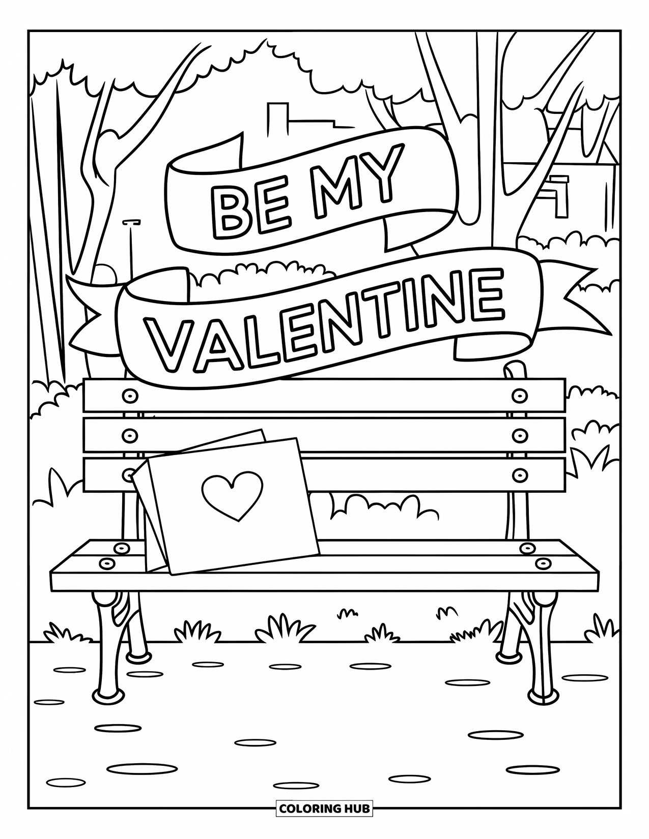 Be My Valentine Coloring Page for Kids: A ribbon reading "Be My Valentine" floats above a card on a bench