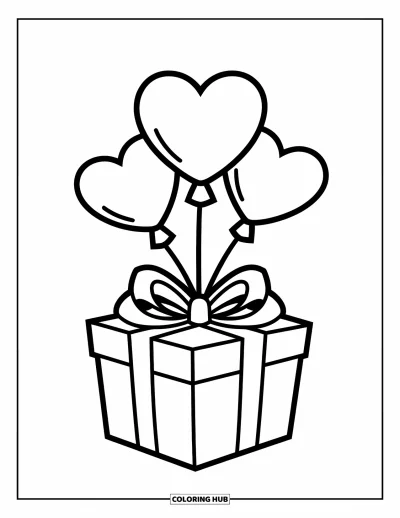 Sei-mein-Valentinsgruß-Ausmalbild für Kinder: Eine geschleifengeschmückte Geschenkbox hält herzförmige Luftballons, die darüber schweben