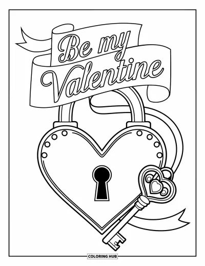 Sei-mein-Valentinsgruß-Ausmalbild für Kinder: Ein mit einem Band verzierter Schlüssel und ein Schloss zeigen das Banner "Be My Valentine"