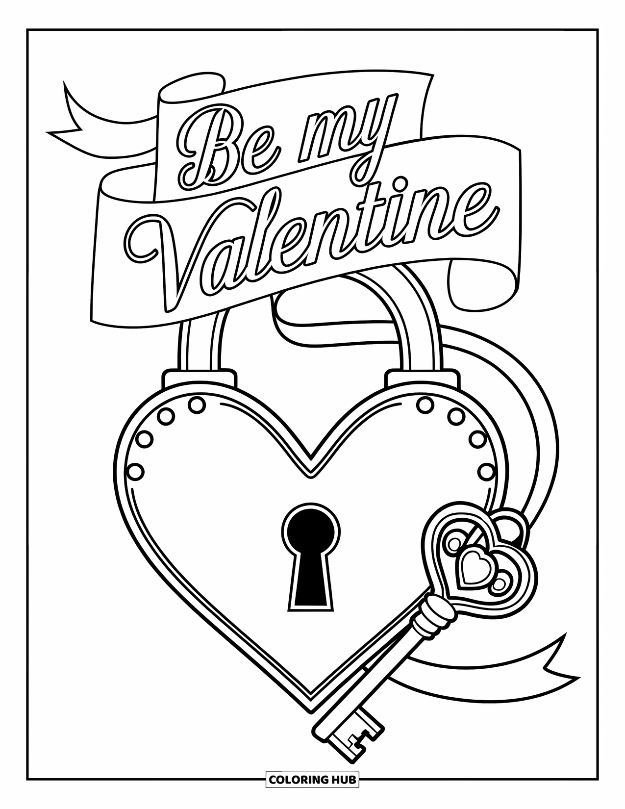 Be My Valentine Coloring Page for Kids: A ribboned key and lock display the banner "Be My Valentine"