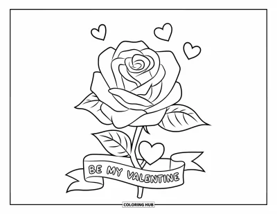 Sei-mein-Valentinsgruß-Ausmalbild für Kinder: Eine Rose mit einem Banner der Aufschrift "Be My Valentine" steht aufrecht