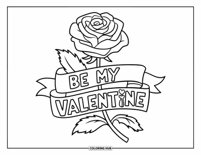 Sei-mein-Valentinsgruß-Ausmalbild für Kinder: Eine Rose mit einem Herzband trägt die Aufschrift "Be My Valentine"