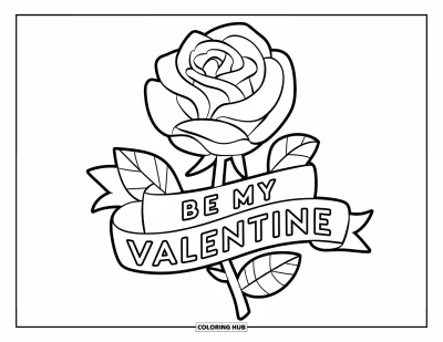 Sei-mein-Valentinsgruß-Ausmalbild für Kinder: Eine Rose mit fehlenden Blütenblättern hält ein Banner mit der Aufschrift "Be My Valentine"