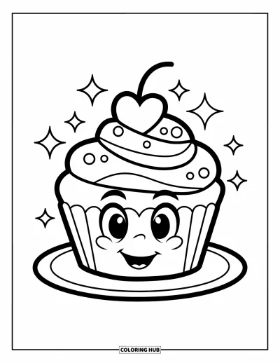 Sei-mein-Valentinsgruß-Ausmalbild für Kinder: Ein lächelnder Cupcake mit Herztopper funkelt auf einem Teller