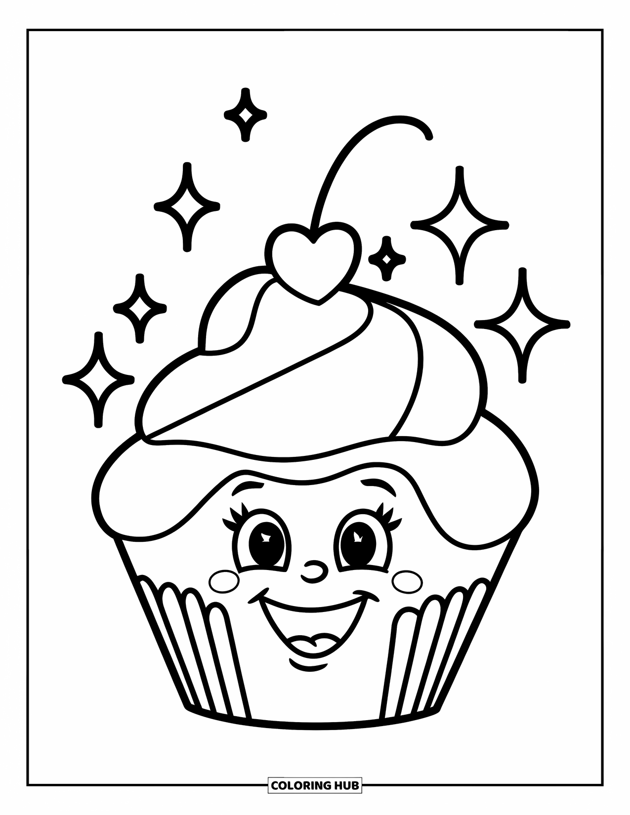 Be My Valentine Coloring Page for Kids: A sweet cupcake with a heart on top glows with sparkles