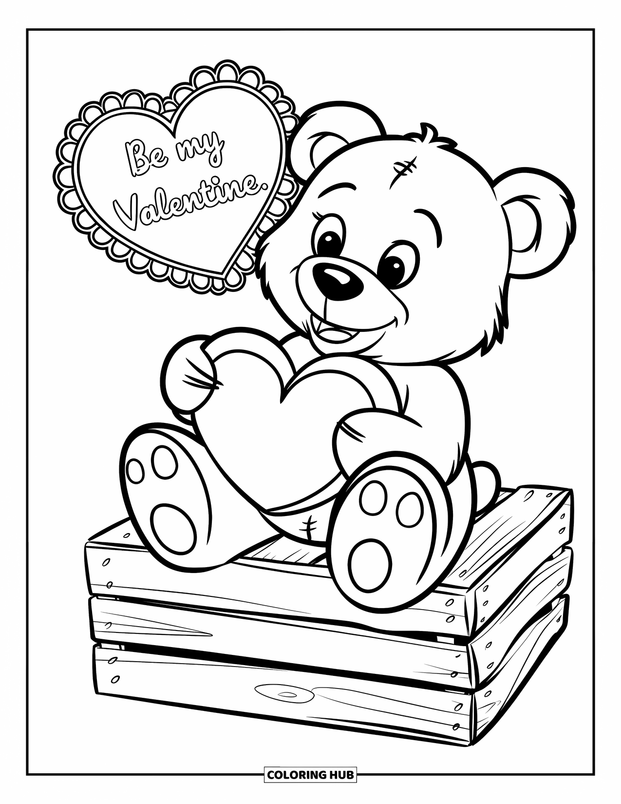 Be My Valentine Coloring Page for Kids: A teddy bear holding a heart sits on a wooden crate with "Be My Valentine"