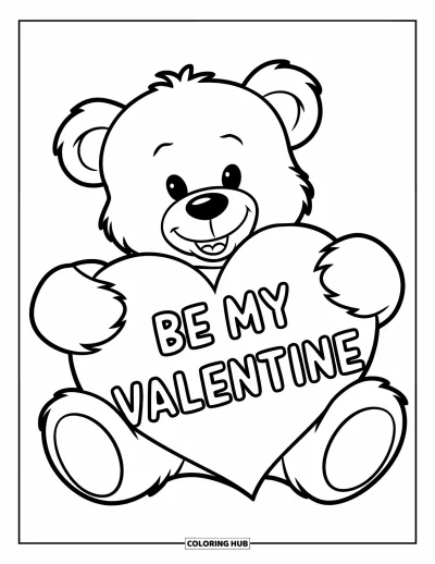 Sei-mein-Valentinsgruß-Ausmalbild für Kinder: Ein Teddybär hält ein Herz mit der Aufschrift "Be My Valentine"