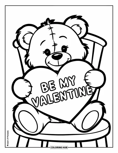 Sei-mein-Valentinsgruß-Ausmalbild für Kinder: Ein Teddybär umarmt ein großes Herz mit der Aufschrift "Be My Valentine"