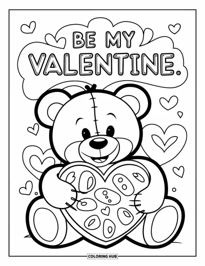 Sei-mein-Valentinsgruß-Ausmalbild für Kinder: Ein Teddybär umarmt eine Herzschachtel mit der Aufschrift "Be My Valentine"
